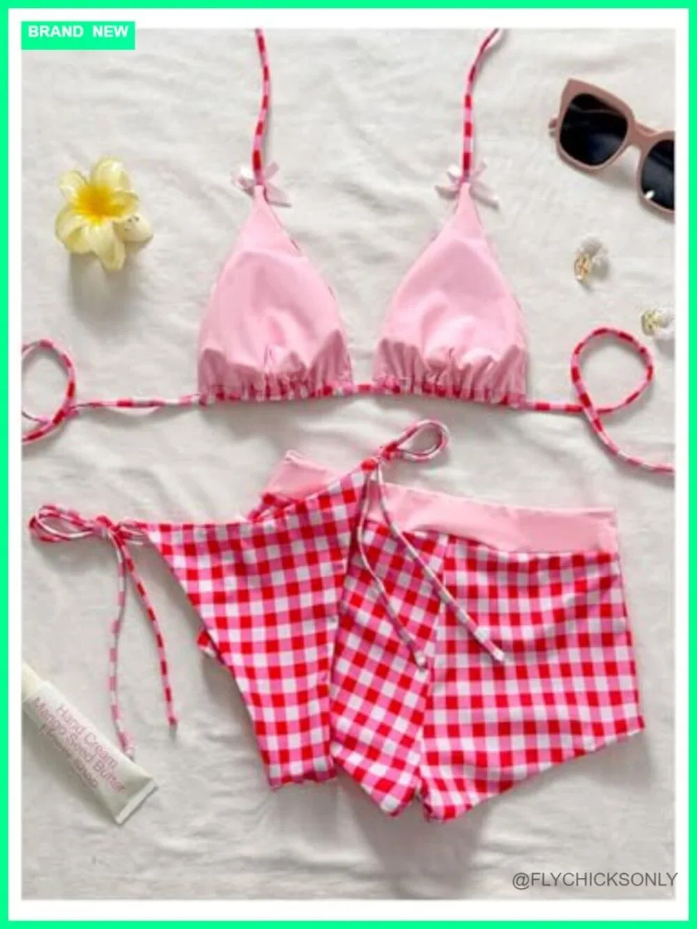 Gingham Bow String Bikini Set with Thong and Beach Shorts